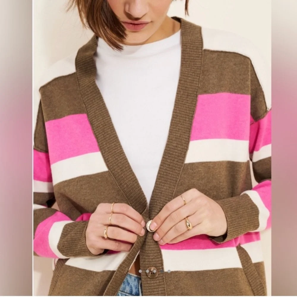 Free People League Of Her Own Cardigan XS‎ Pink Brown Stripe Preppy Slouchy NWOT